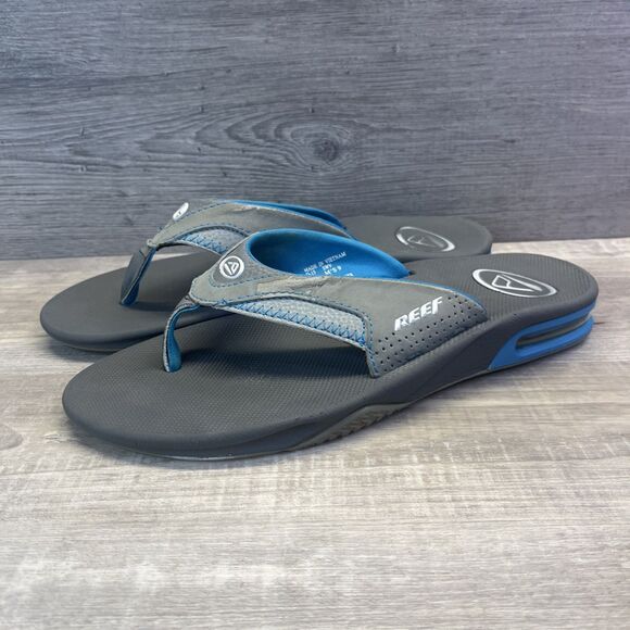 Reef Fanning Flip Flops Bottle Opener Gray Blue Sandals Mens Size 9 - Picture 1 of 15